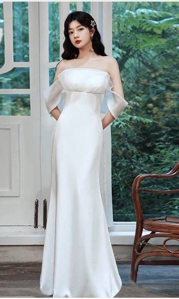 White silk off the shoulder dress store