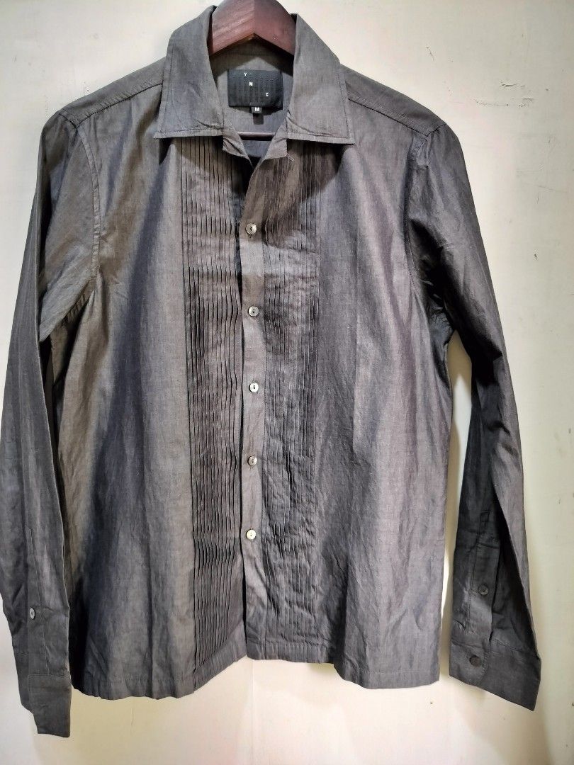 YMC gray pleated open collar shirt (Category: Formal Shirts) located in Quezon City. Submitted by sicnarf_95 (Listing ID 1272327778, Image 1). Description: YMC gray pleated open collar shirt tagged size M shoulders: 16" sleeves: 26" pit to pit: 20" length: 27".