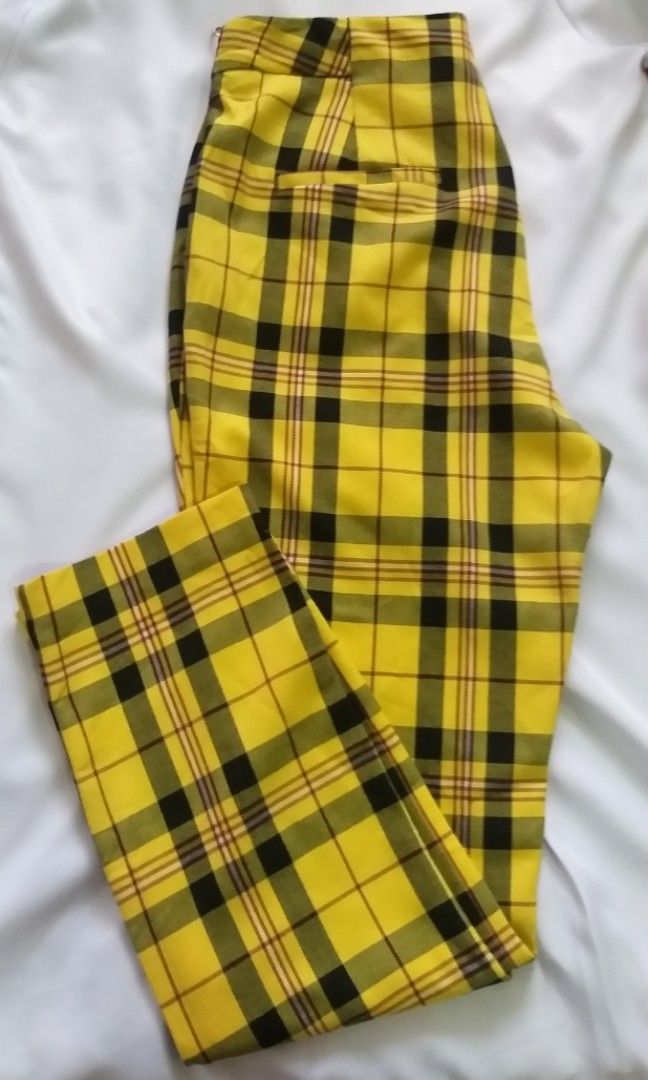Yellow plaid pants zara hot sale