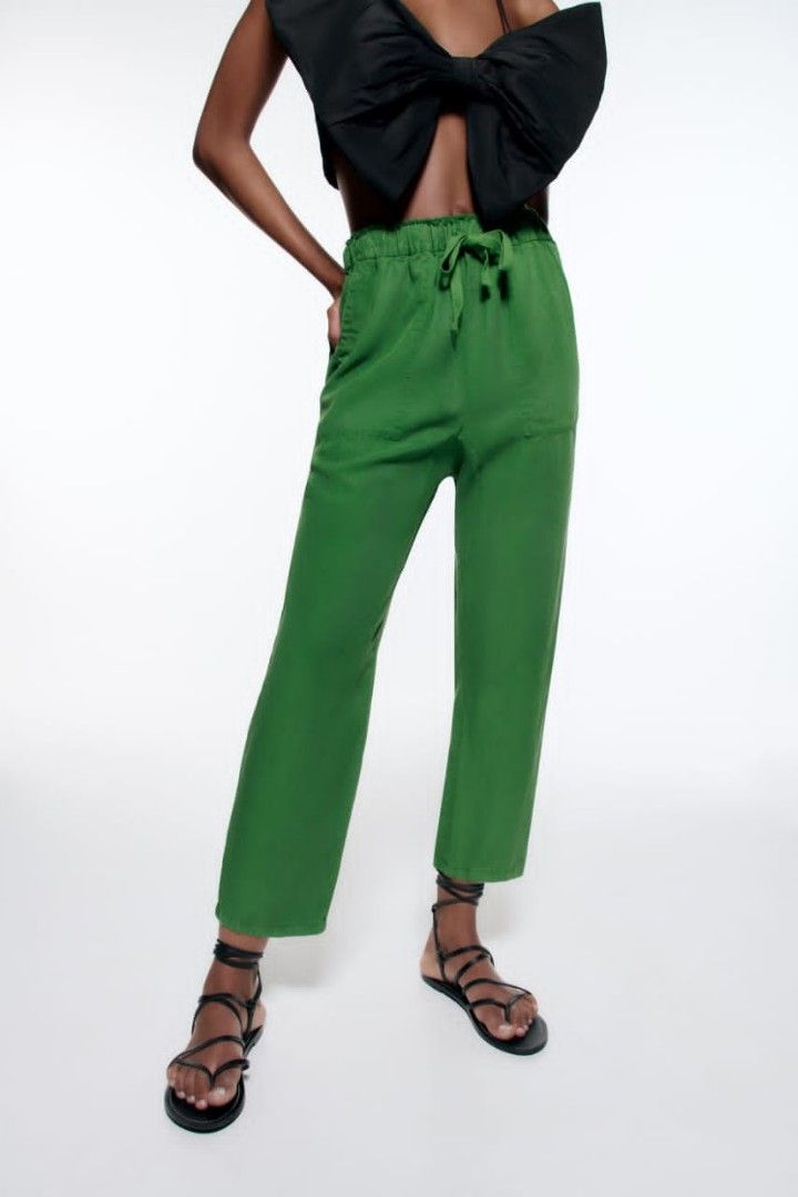 Zara Slouchy Linen Blend Green Pants, Women's Fashion, Bottoms