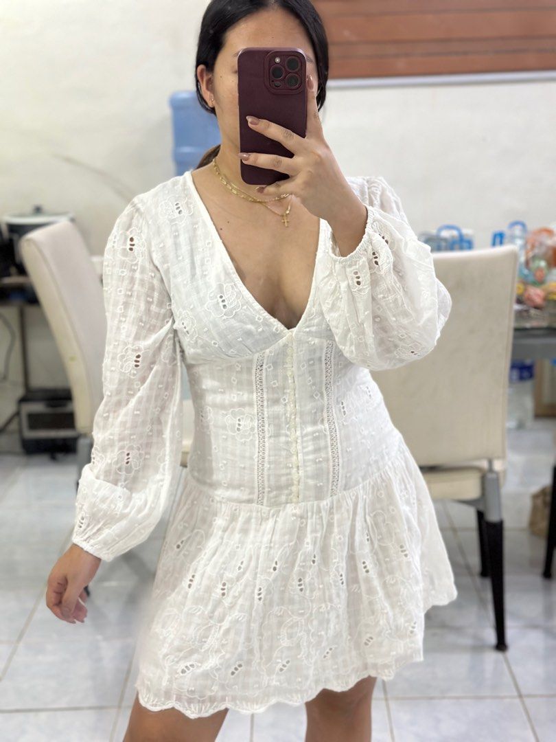 ZARA white eyelet lace plunging neckline puffed longsleeves dropwaist dress,  Women's Fashion, Dresses & Sets, Dresses on Carousell