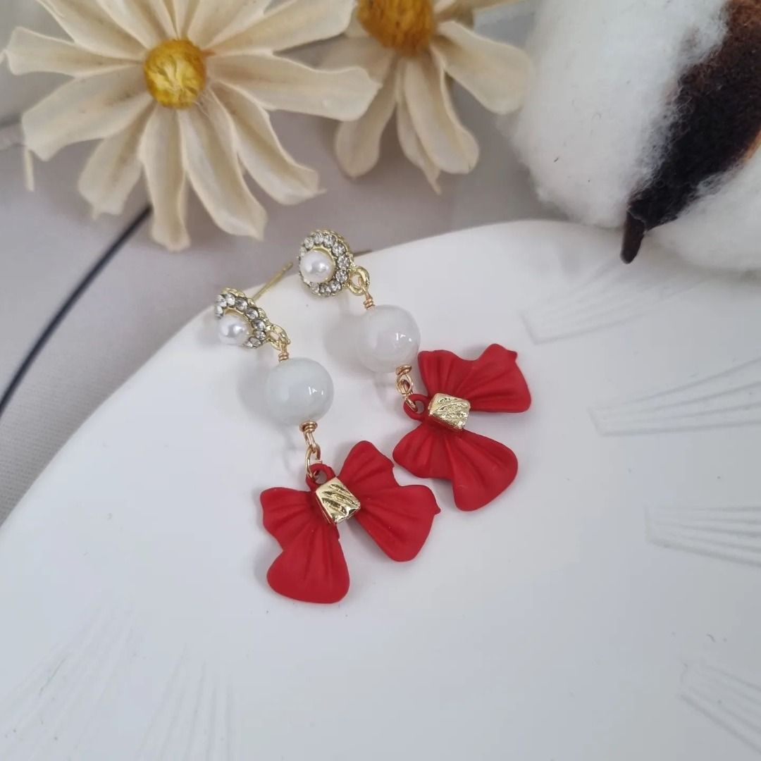 14k Gold Earrings Red Ribbon Jadeite Beads