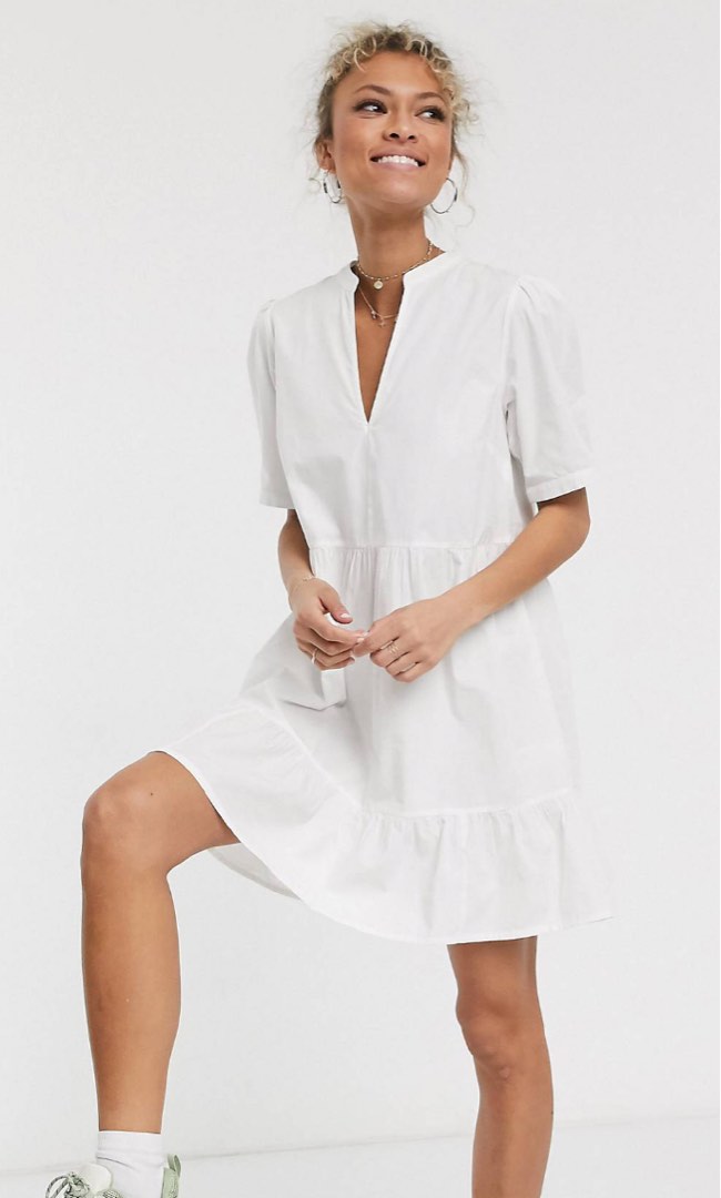 asos design cotton mini shirt dress ASOS DESIGN cotton ruched waist shirt mini dress with flared sleeve in white