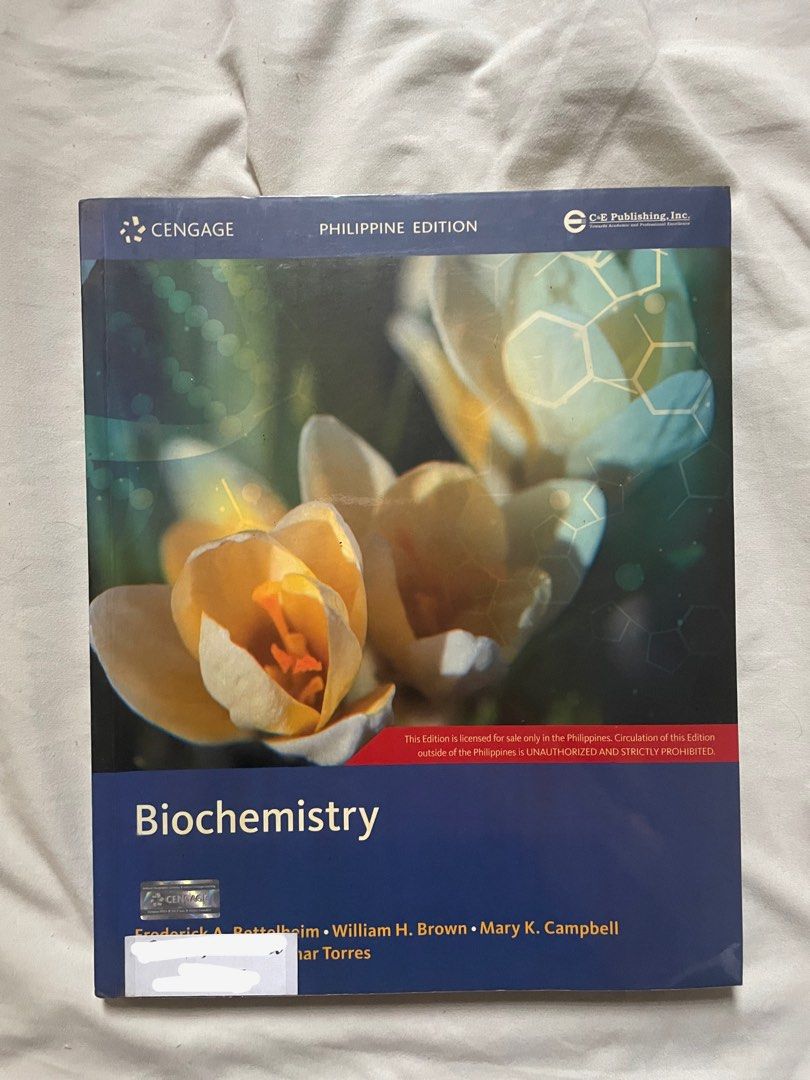 Biochemistry by Bettelheim, Brown, Campbell, Farrell, & Torres (Category: Textbooks) located in Angeles City. Submitted by mars.29 (Listing ID 1272542931, Image 1). Description: - Super minimal highlights - Good as new - Shipping shouldered by buyer - MOP: Gcash/BDO.