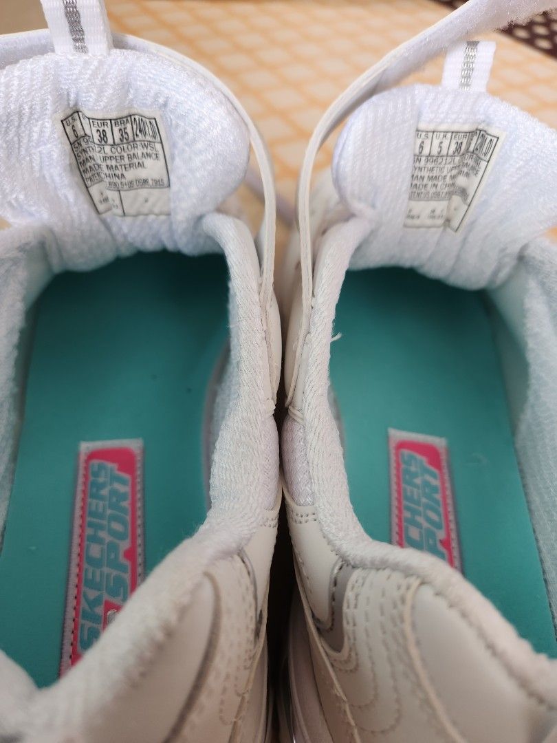 BNIB Skechers sneakers white silver with velcro strap shoe lace elastic in position Skechers D lites Women s Fashion Footwear Sneakers on Carousell