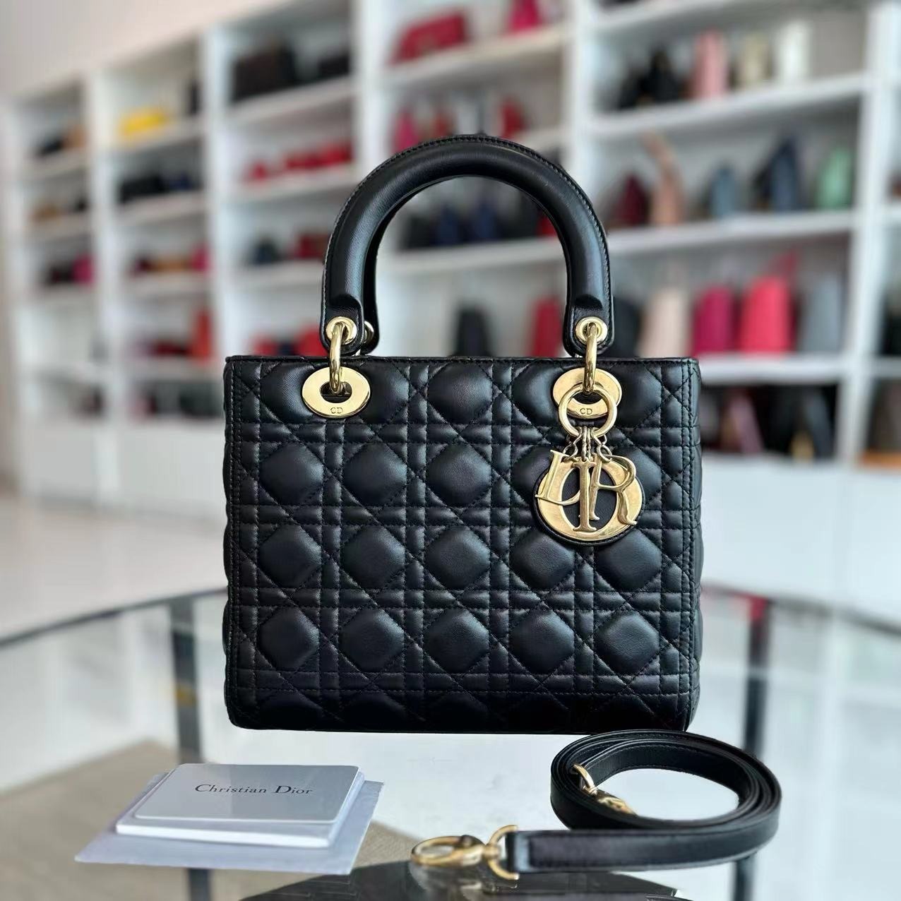 Lady dior sales medium black lambskin