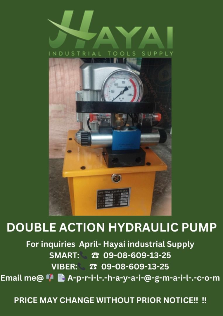 Double action hydraulic pump (Category: Construction Tools & Equipment) located in Caloocan City. Submitted by aprilv96843328 (Listing ID 1272522446, Image 1). Description: Double action hydraulic pump Specs: 8 liters PRICE: 48,000 For inquiries April- Hayai industrial Supply 📞 ☎ 0-9-0-8-6-0-9-1-3-2-5 Email me@ 📫 📑 A-p-r-i-l-.-h-a-y-a-i-@-g-m-a-i-l-.-c-o-m PRICE MAY CHANGE WITHOUT PRIOR NOTICE‼️ ‼️ .