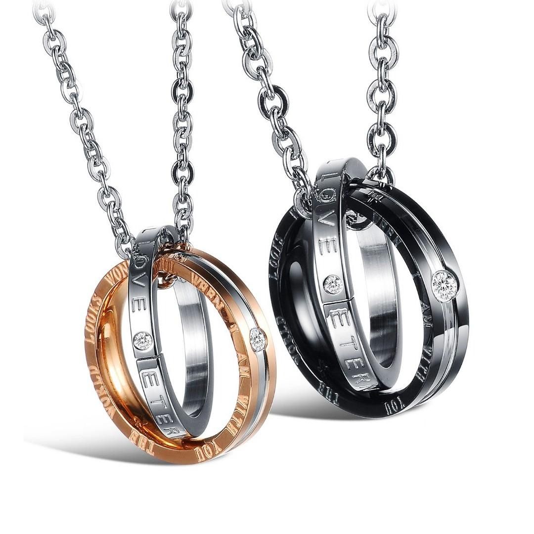 Engrave Couple 2 Necklace Set Stainless Steel Eternal Love Ring