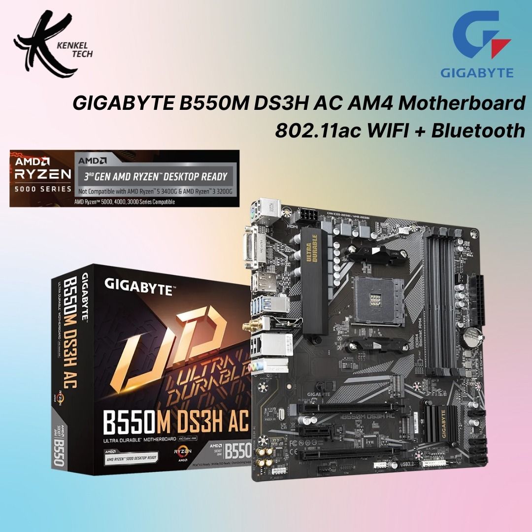 GIGABYTE B550M DS3H AC (Wi-Fi & Bluetooth) REV 1.5 Motherboard AM4 AMD ...