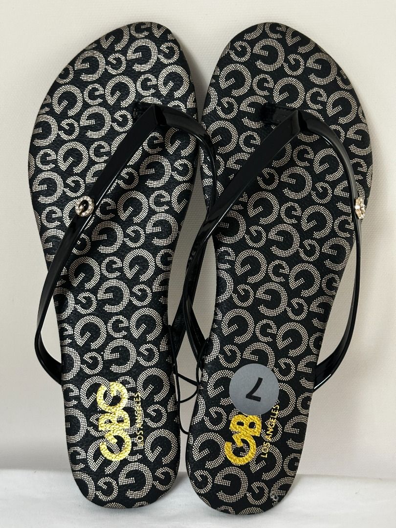 GUESS BAYLA BLACK BROWN GOLD LOGO G RHINESTONES FLAT SANDALS SLIPPERS US 7 EU 37 Women s Fashion Footwear Flats Sandals on Carousell