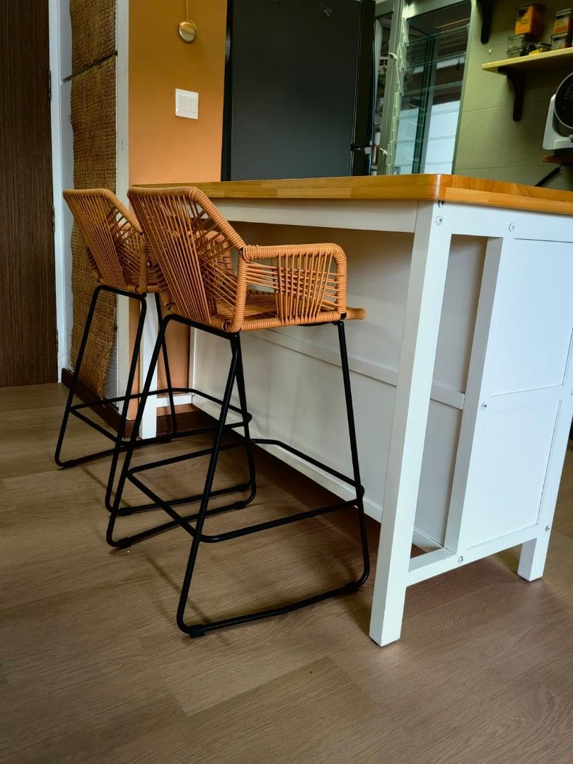 High table and rattan chair x2 and foldable stool x2, Furniture & Home