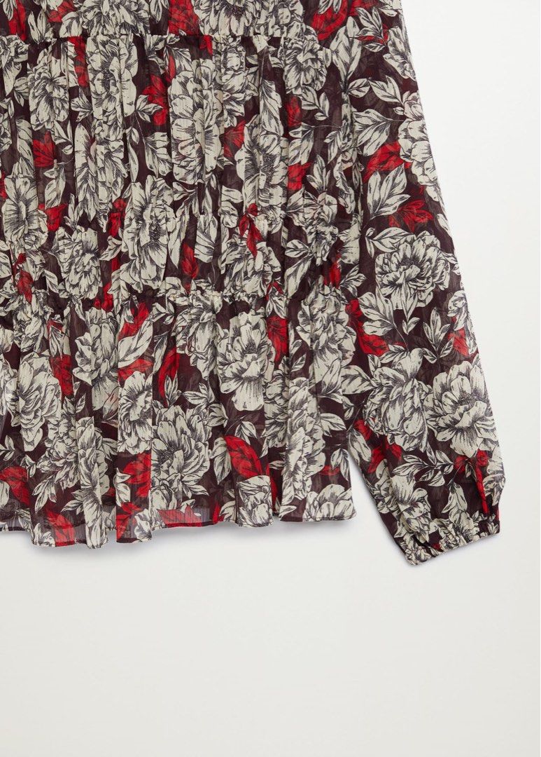 Puff-sleeve floral chiffon blouse