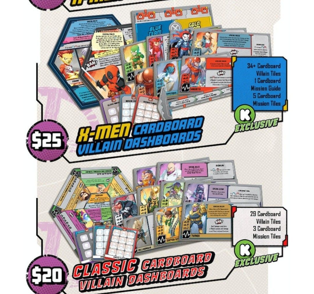 Marvel United & XMen, classic cardboard villain dashboards, cardboard