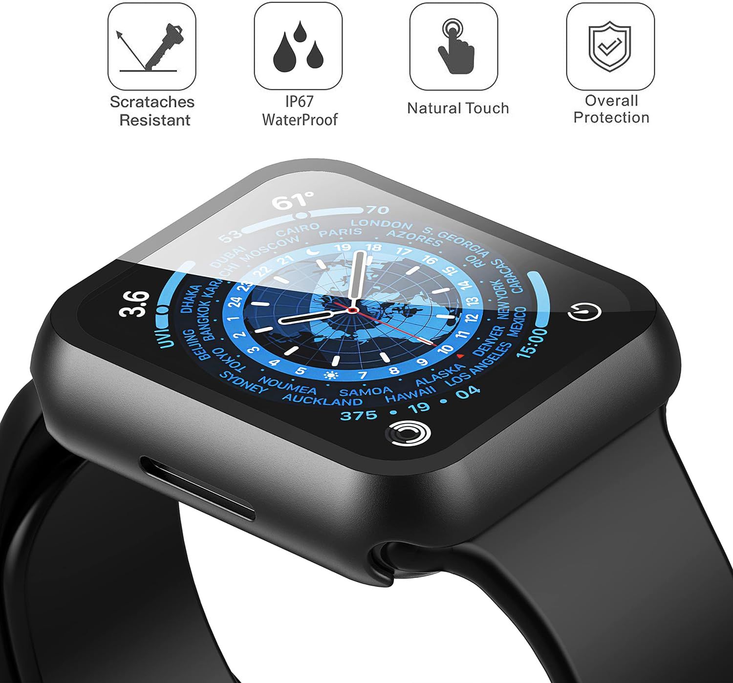 Misxi 2 Pack Waterproof Black Hard Case with Tempered Glass Compatible with Apple Watch Series 9 2023 Series 8 Series 7 45mm Ultra Thin Durable Protective Cover for iWatch Screen Protector Mobile Phon...