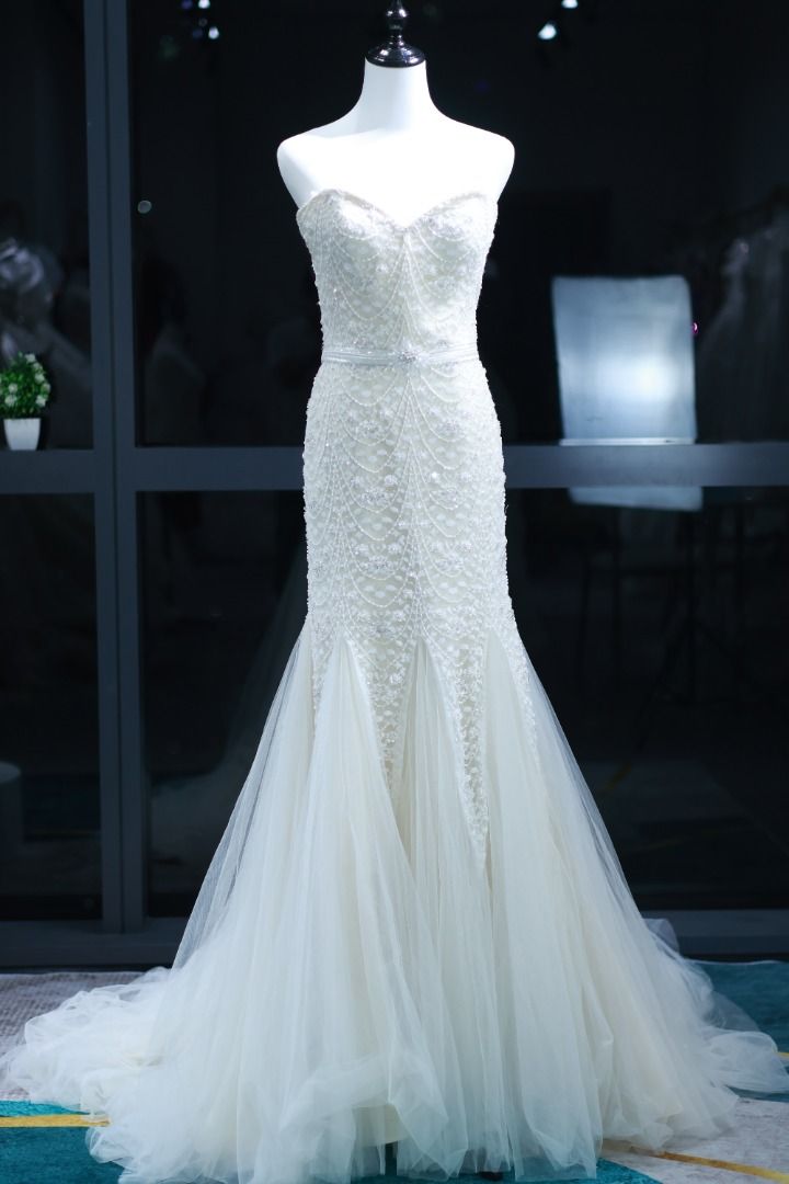 MM1012 Mermaid Gown White Lace Sweep Train Wedding Dress Women s