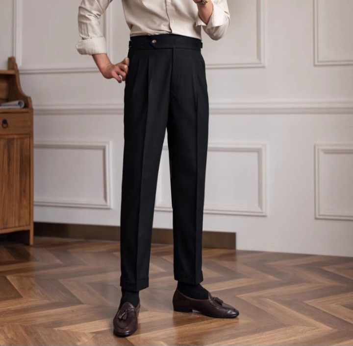 Naples Pants Men's British Retro Pleated Pants High Waist Straight Trousers  New