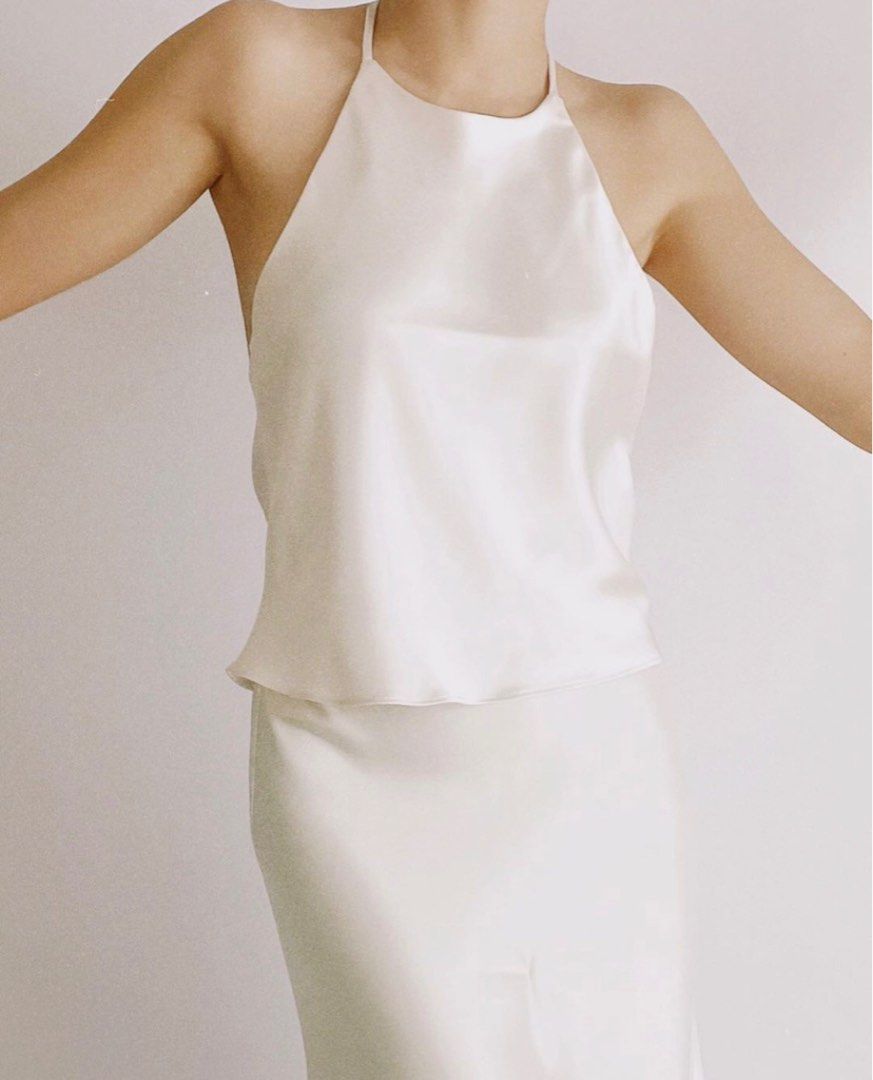 muli.mnl off white satin halter & skirt set, Women's Fashion, Dresses ...