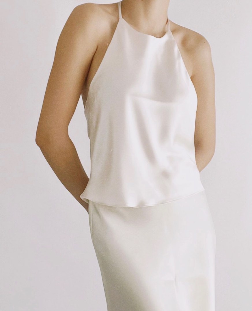 muli.mnl off white satin halter & skirt set, Women's Fashion, Dresses ...