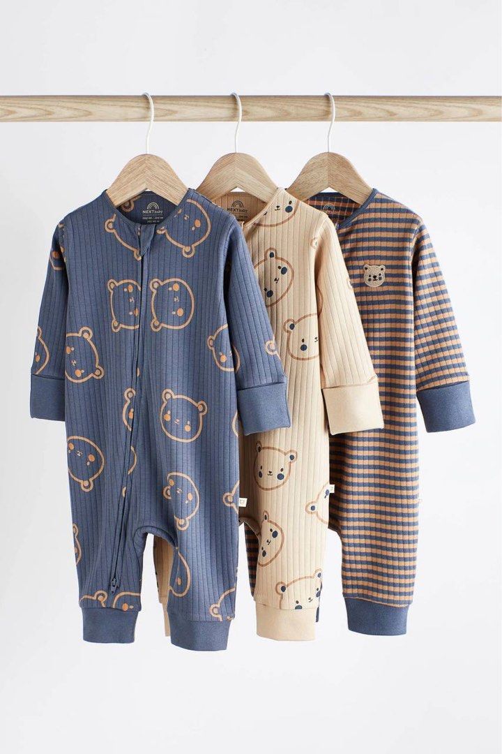Next UK Neutral Multipack Zip Bear Sleepsuit