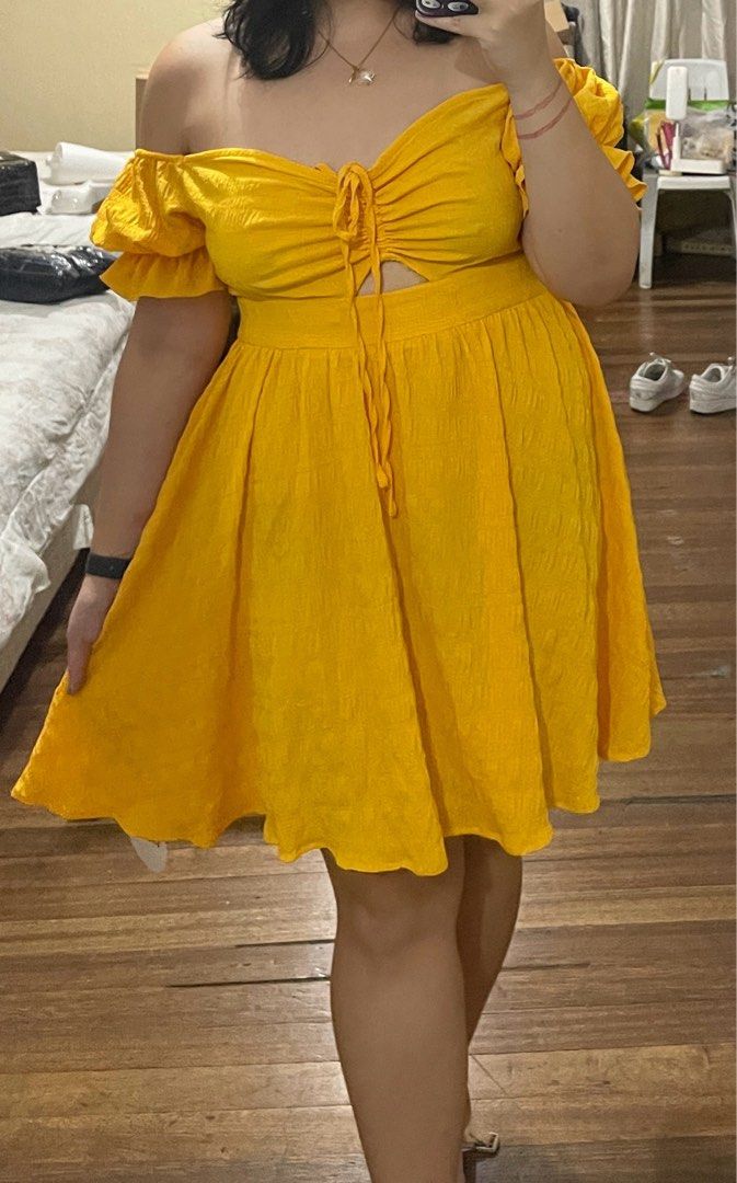 Plus Size Yellow Puff Sleeve Sun Dress Women s Fashion Dresses