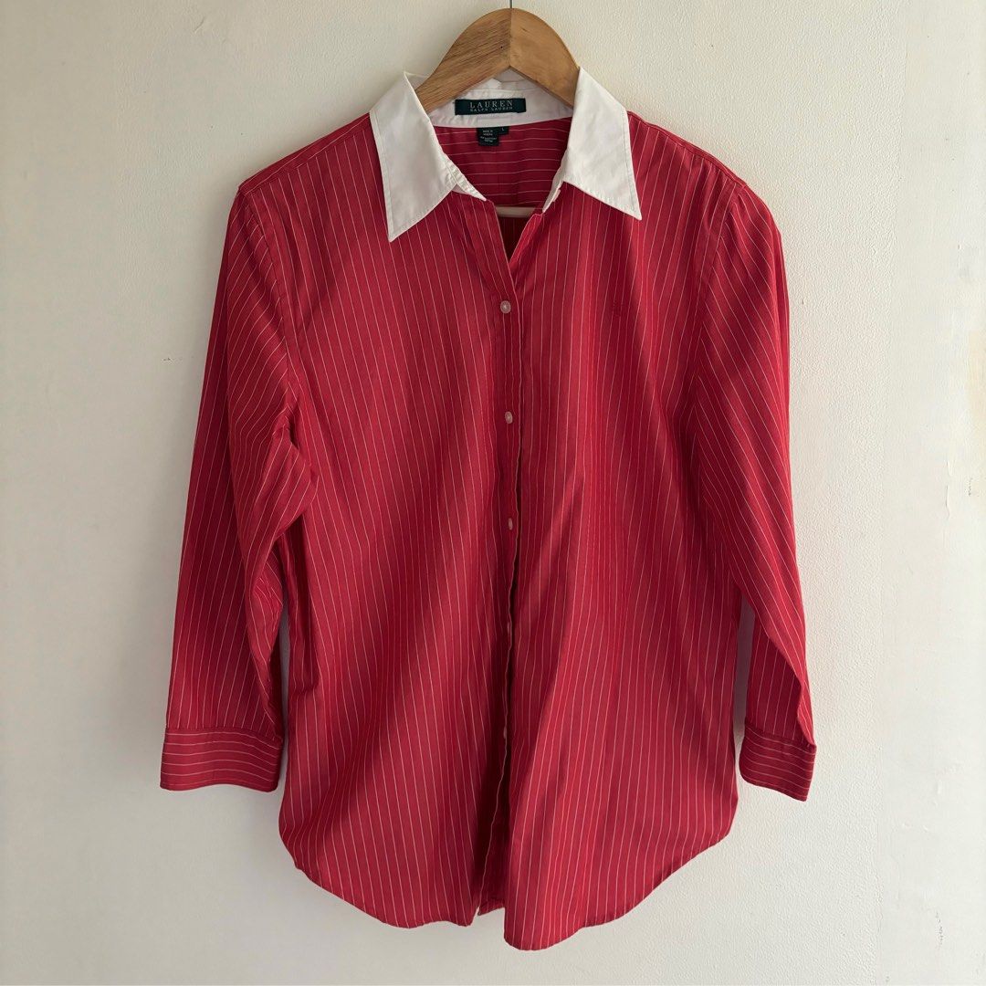 RALPH LAUREN Red Pinstripe Buttondown Polo Women s Fashion Tops ralph-lauren-red-pinstripe-buttondown-polo-women-s-fashion-tops