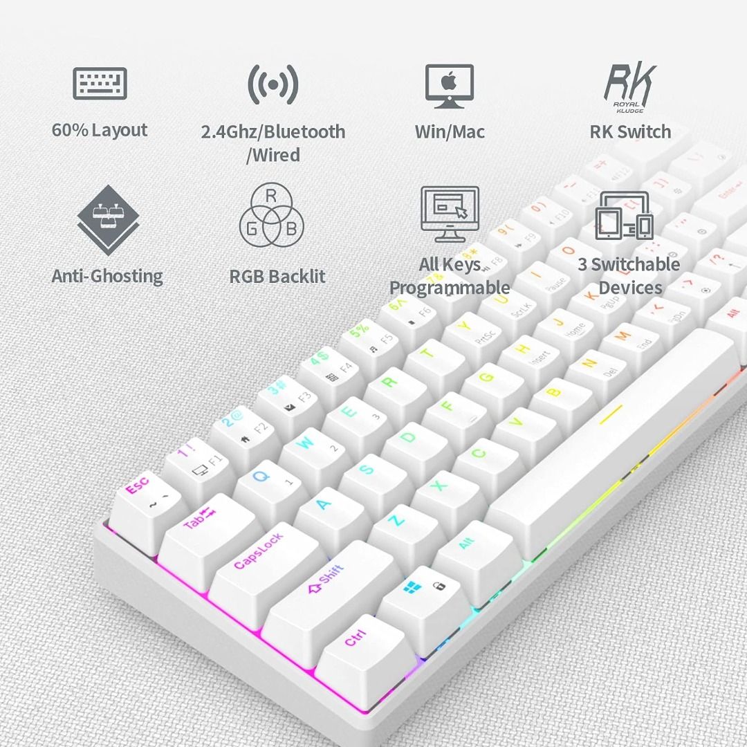 RK ROYAL KLUDGE RK61 60% Mechanical Keyboard, Bluetooth/Wired, 61 Keys, RGB  Hot Swap, Coiled Cable, Gaming - White : Video Games 