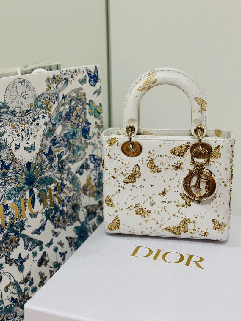 Small lady Dior White and Gold-Tone Calfskin with Butterfly Zodiac 