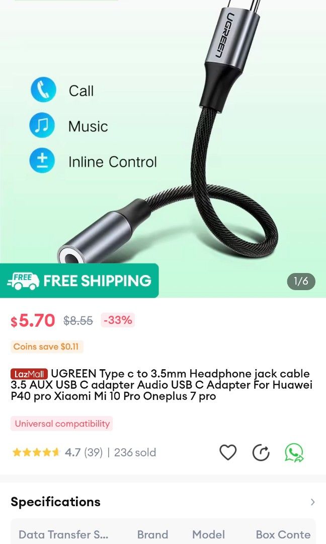 UNITEK USB-C to 3.5mm AUX Headphone Jack Adapter. Digital to