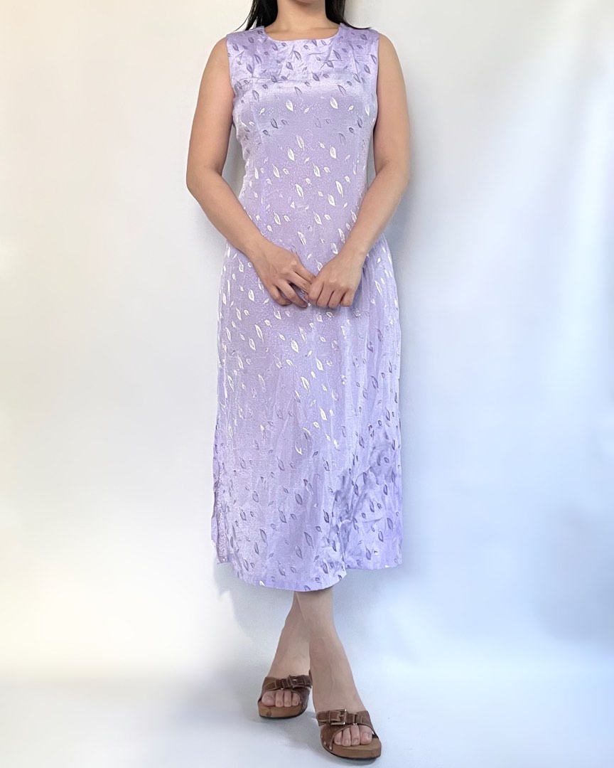 Vintage Light Purple Embroidered Leaves Silk Satin Midi Maxi Dress ...