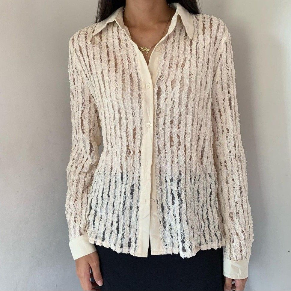 VINTHELINE Cream Textured Collar Buttondown BTD Longsleeve Mesh