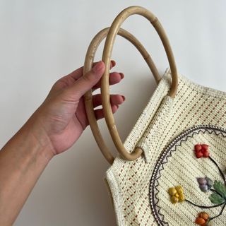 Woven Embroidered Bag with wood handle