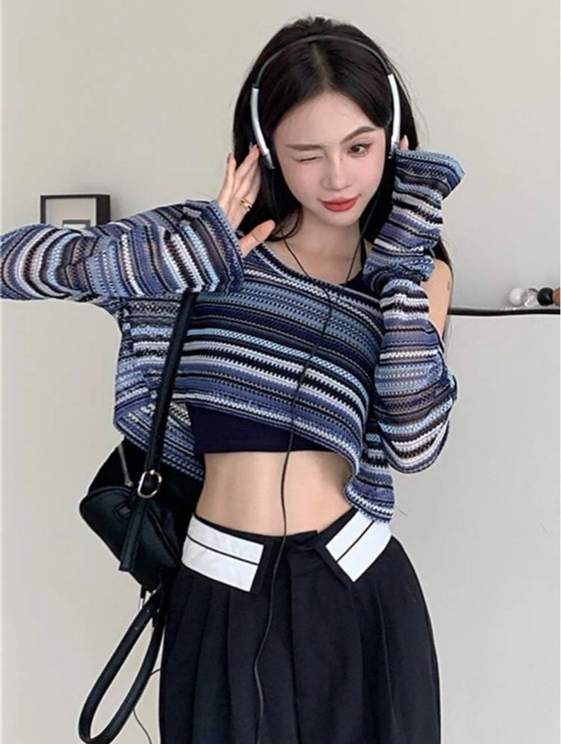 y2k stripped cropped sweater