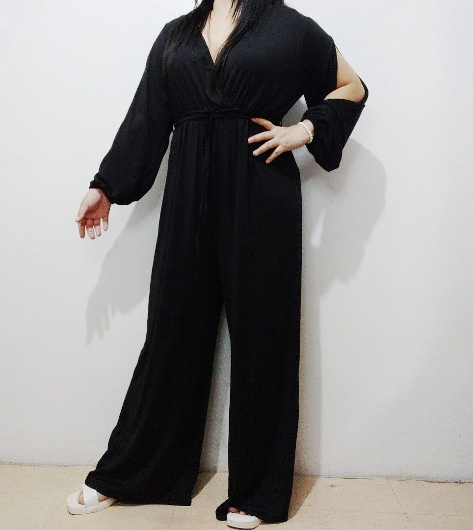YOINS Black V Neck Longsleeve Dainty Jumpsuit Elegant Plus Size