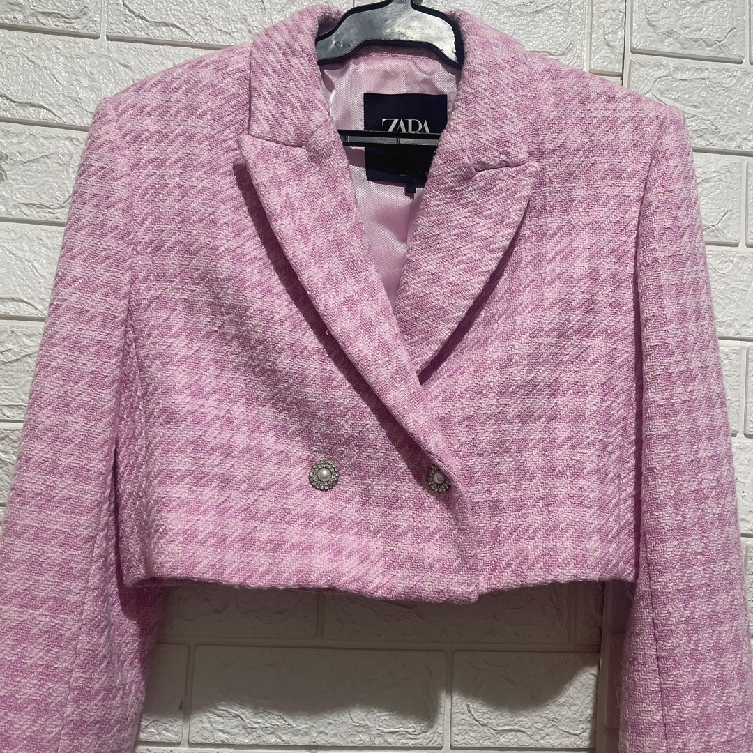 Zara pink cropped blazer tweed houndstooth, Women's Fashion, Coats