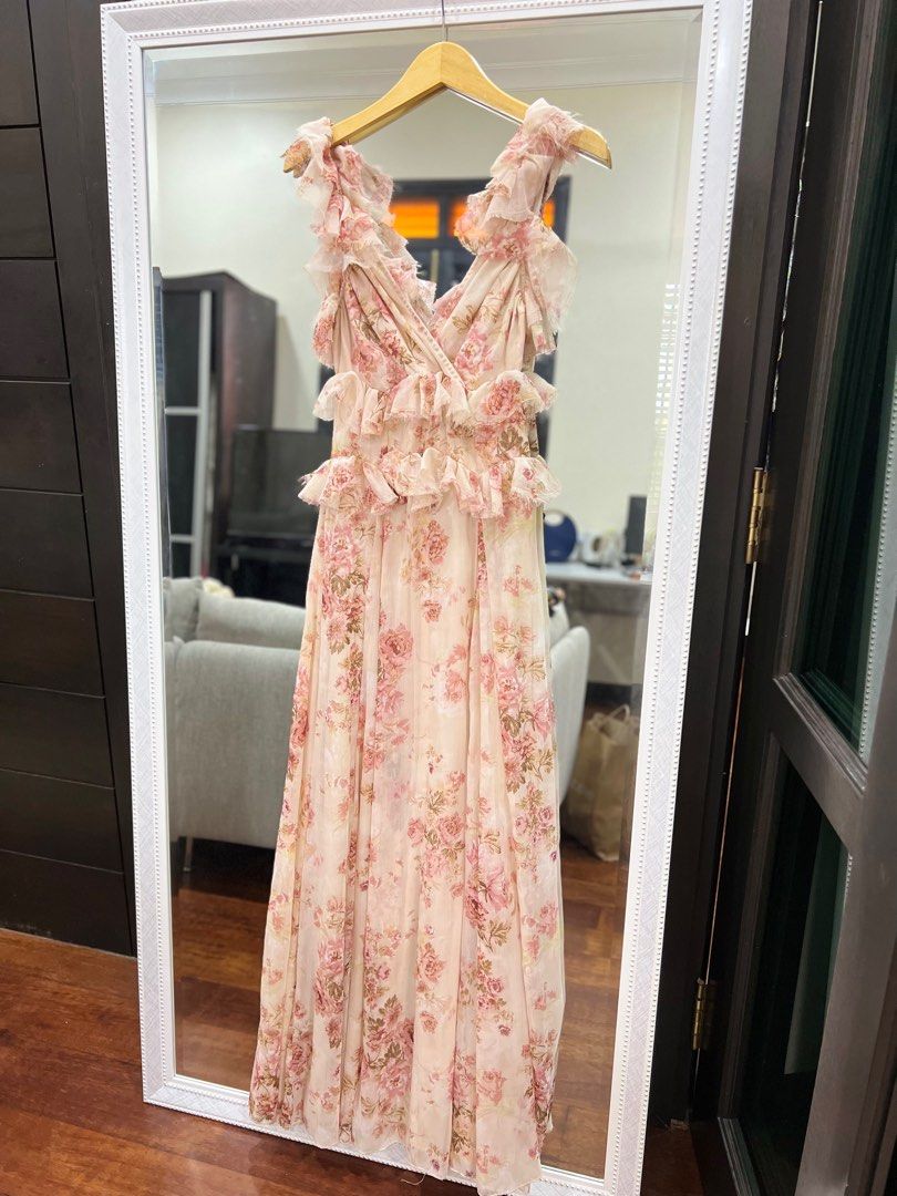 ASOS design garden party floral maxi dress pink ruffle wedding boho chiffon