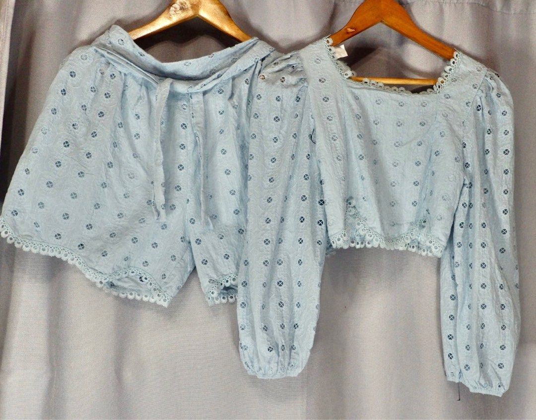 Brandnew Eyelet Shorts Coordinates (powder blue) (Category: Sets or Coordinates) located in Cainta. Submitted by vestito_bestida (Listing ID 1269008974, Image 2). Description: ⛔️ACTUAL PHOTO POSTED⛔️ 👉 Brandnew 👉 BKK Eyelet Shorts Coordinates 👉 Color: powder blue 👉 Size: small to large 👉 Waist: 26" to 32" 👉 Length: 15" 👉 Bust: up to 36" (smocked back details) 👉 Length: 14" 👉 with inner lining 👉 with 2 side pockets 👉 Flatlay measured us