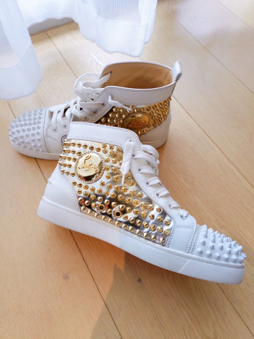 White and gold louboutin sneakers clearance