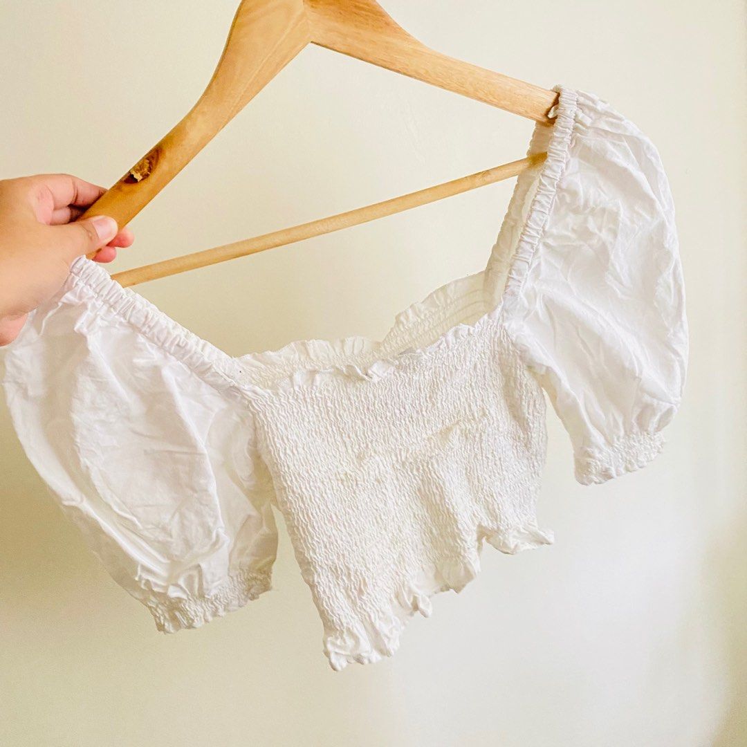 Collusion White Smocked Crop Top, Women's Fashion, Tops, Blouses on ...