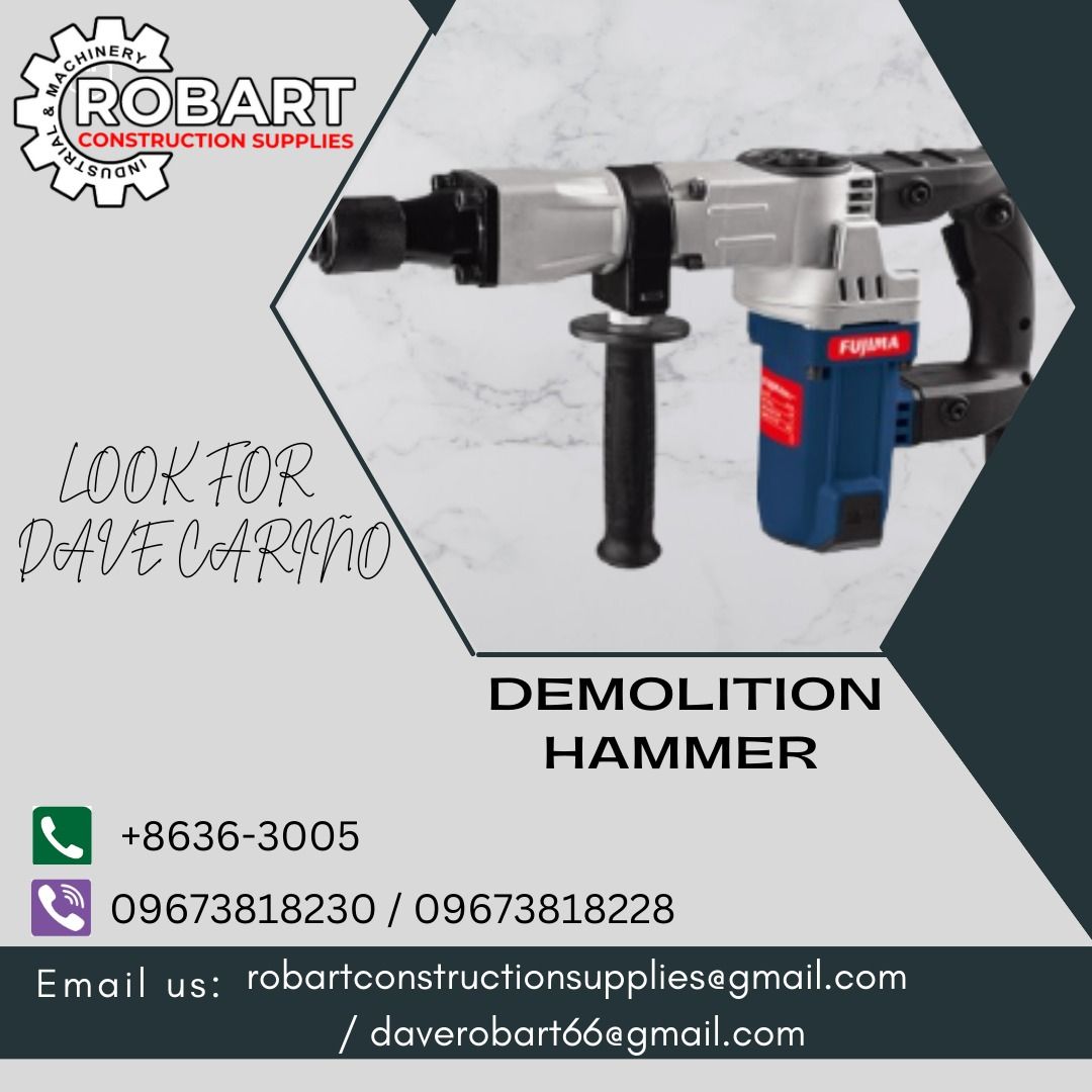 DEMOLITION HAMMER (Category: Construction Tools & Equipment) located in Caloocan City. Submitted by gabo. (Listing ID 1268907531, Image 1). Description: SALE❗ ❗ ❗ SALE❗ ❗ ❗ SALE❗ ❗ ❗ DEMOLITION HAMMER VOLTAGE: 220V, 60HZ INPUT POWER: 1300W BRAND: FUJIMA LOOK FOR: Dave T. Cariño 0 9 6 7 3 8 1 8 2 2 8 / 0 9 6 7 3 8 1 8 2 3 0 7 7 4 6-6 1 4 8 / 7 0 0 2- 2 8 7 2 / 8 6 3 6-3 0 0 5 𝑹𝑶𝑩𝑨𝑹𝑻 𝑪𝑶𝑵𝑺𝑻𝑹𝑼𝑪𝑻𝑰𝑶𝑵 𝑺𝑼𝑷𝑷𝑳𝑰𝑬𝑺 📍 S&L BUILDING, 