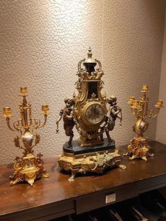 Gilt Italian Brass and Marble Mantel Clock with Beautiful 4 Arm Candelabra Pair Garniture Set Antique Made In Italy