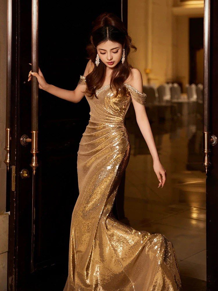 Gold silk cheap evening gown