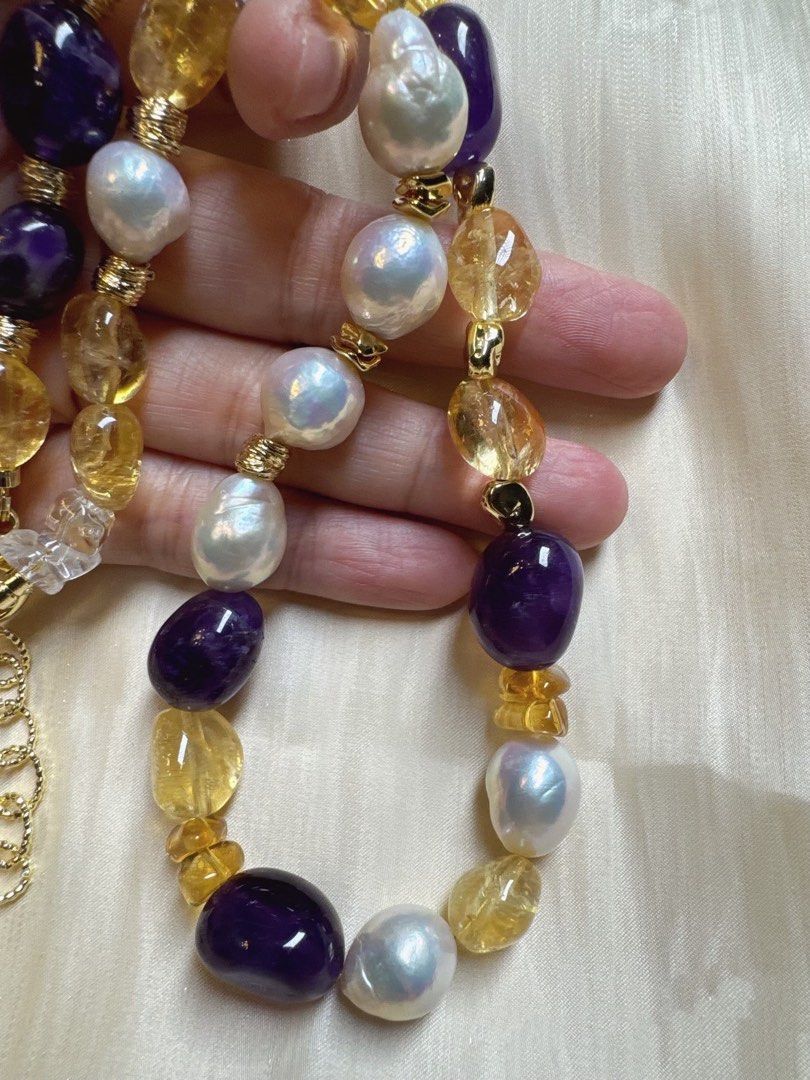 Gorgeous Purple Freshwater Pearl Necklace Big Yellow Quartz Big Purple Quartz Deep Purple Beeswax Big Baroque Pearl Irregular Strong Presence