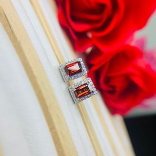 OFFER 🔥 Natural Red Garnet Emerald Cut - 925 Sterling Silver Halo Earring Stud