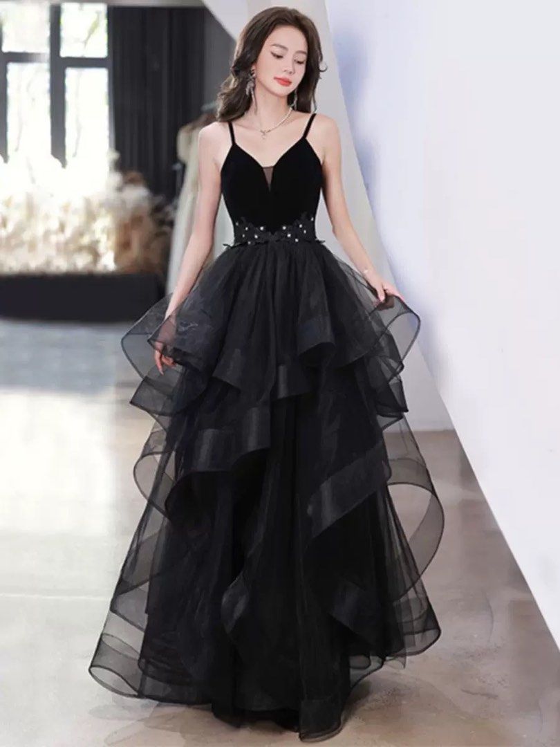 PO 2XS 3XL Black Dress with v neck elegant long train poofy skirt pretty princess vibes for prom night date dinner party celebration awards