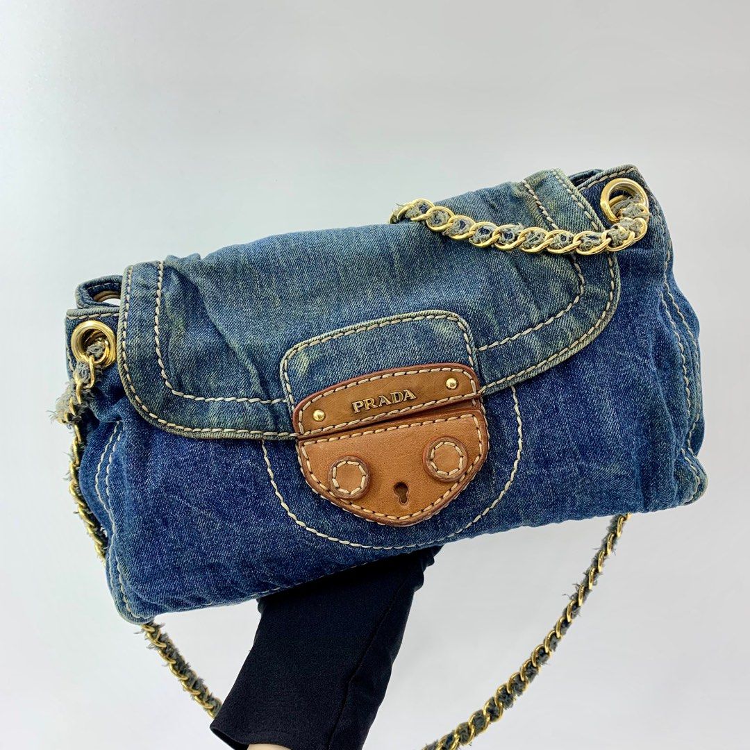 PRADA DENIM X LEATHER CHAIN SHOULDER BAG 237041620 Luxury Bags