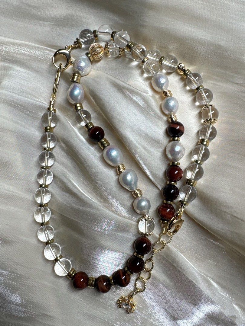 Pure Red Freshwater Pearl Necklace Bracelet Set High Quality White Quartz Red Tiger Eye Big Baroque Pearl Connect to Longer Necklace