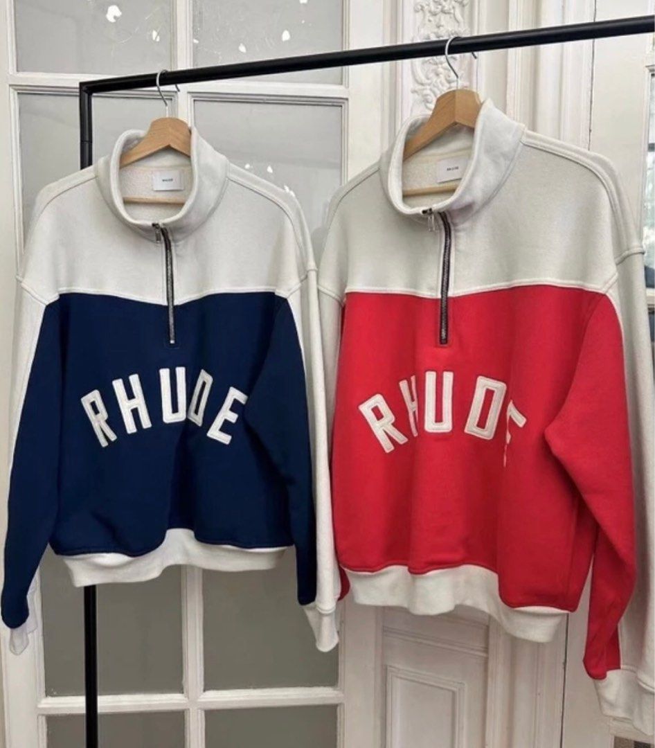 Rhude Vintage Half Zipper Sweatshirt (Category: Coats, Jackets and Outerwear) located in Caloocan City. Submitted by thelockermanila (Listing ID 1268924999, Image 1). Description: Rhude Vintage Half Zipper Embroidered Sweatshirt Color: Blue / Red Dimension Size Bust Length Sleeve Shoulder S 126 67 58 77 M 132 70 59 79 L 138 73 60 81 XL 144 76 61 83 Php: 3,500.00 + shipping fee Condition: 10/10 Color rate: 10/10 Overall brand-new condition! 📌 Pre