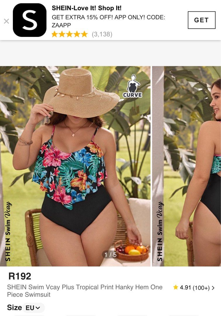SHEIN Plus Swim Vcay Plus Tropical Print Hanky Hem One Piece Swimsuit 2XL Women s Fashion Swimwear Bikinis Swimsuits on Carousell