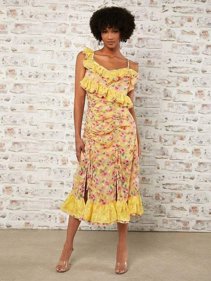 Shein Yellow Ruffles Maxi Dress Women s Fashion Dresses Sets Dresses on Carousell