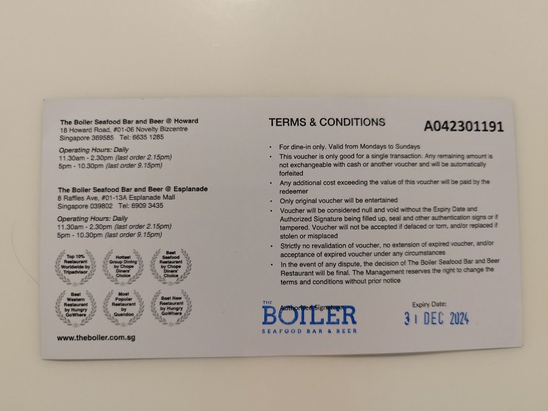 The Boiler 100 Voucher valid till 31 Dec 2024, Tickets & Vouchers